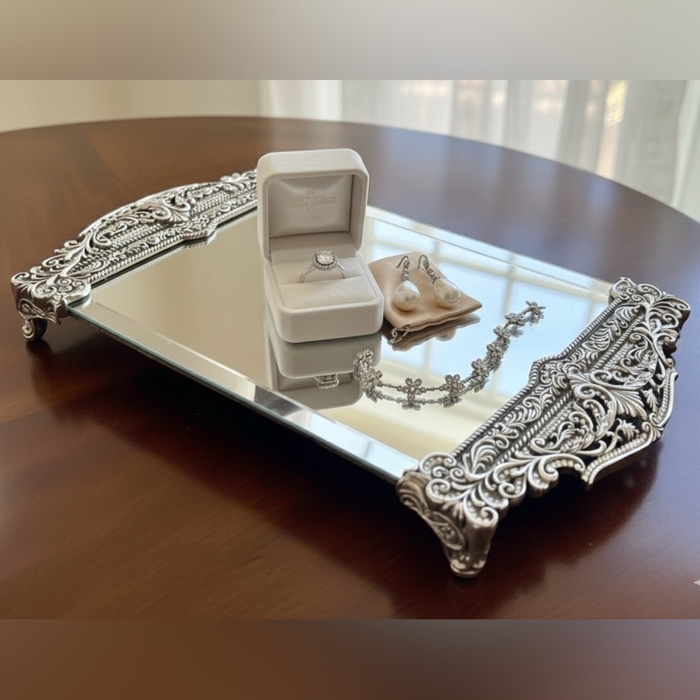 Edgar Berebi Signed Mirrored Jewelry Swarovski Crystal Silver Plate Vanity Tray